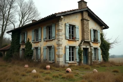 Maison abandonnée en pierre dans la campagne française avec volets abîmés et jardin envahi par la végétation