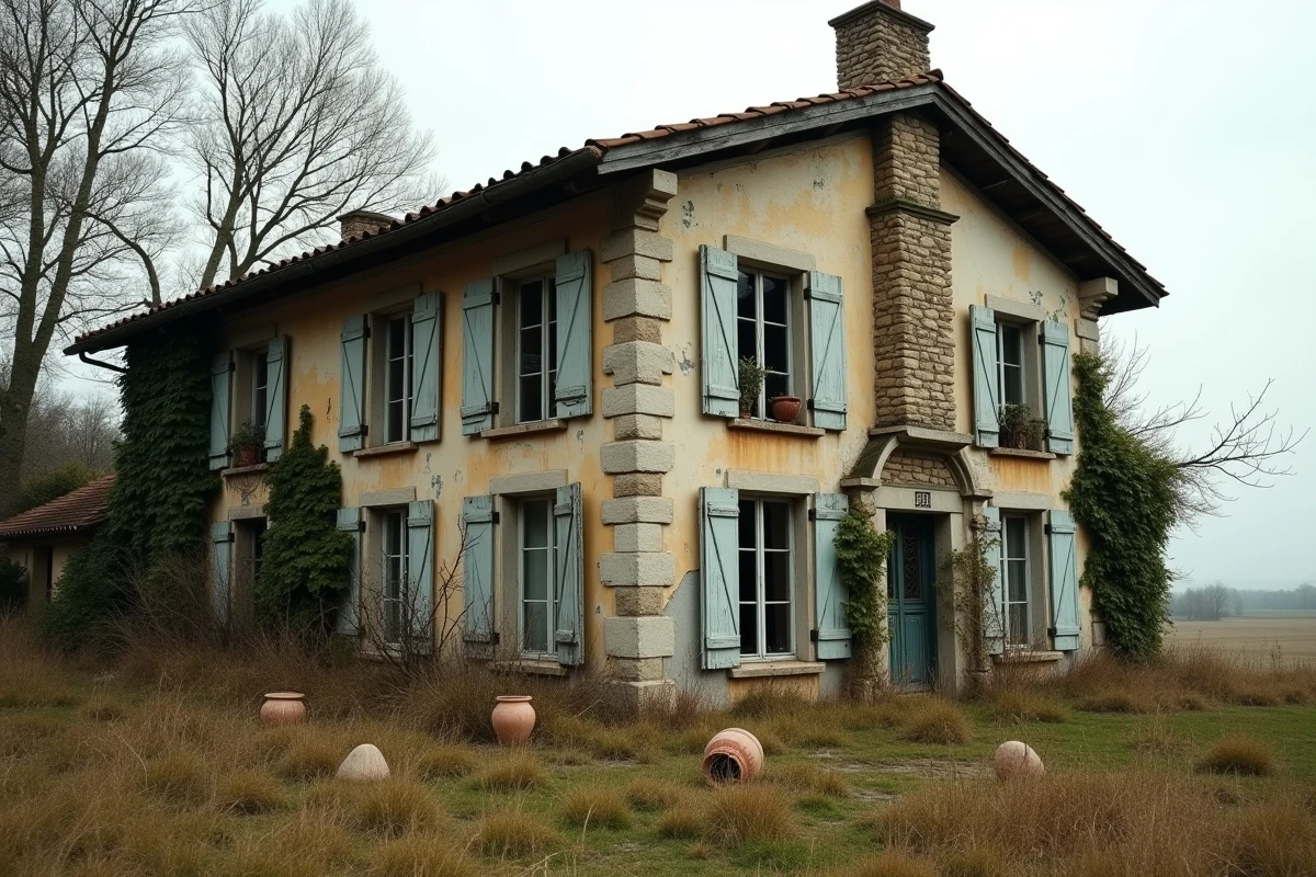 Maison abandonnée en pierre dans la campagne française avec volets abîmés et jardin envahi par la végétation