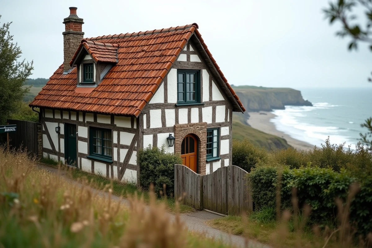 Petite maison normande à colombages à vendre avec vue sur la mer en Normandie