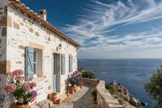 Maison de pêcheur méditerranéenne blanchie à la chaux avec volets bleus et vue panoramique sur la mer