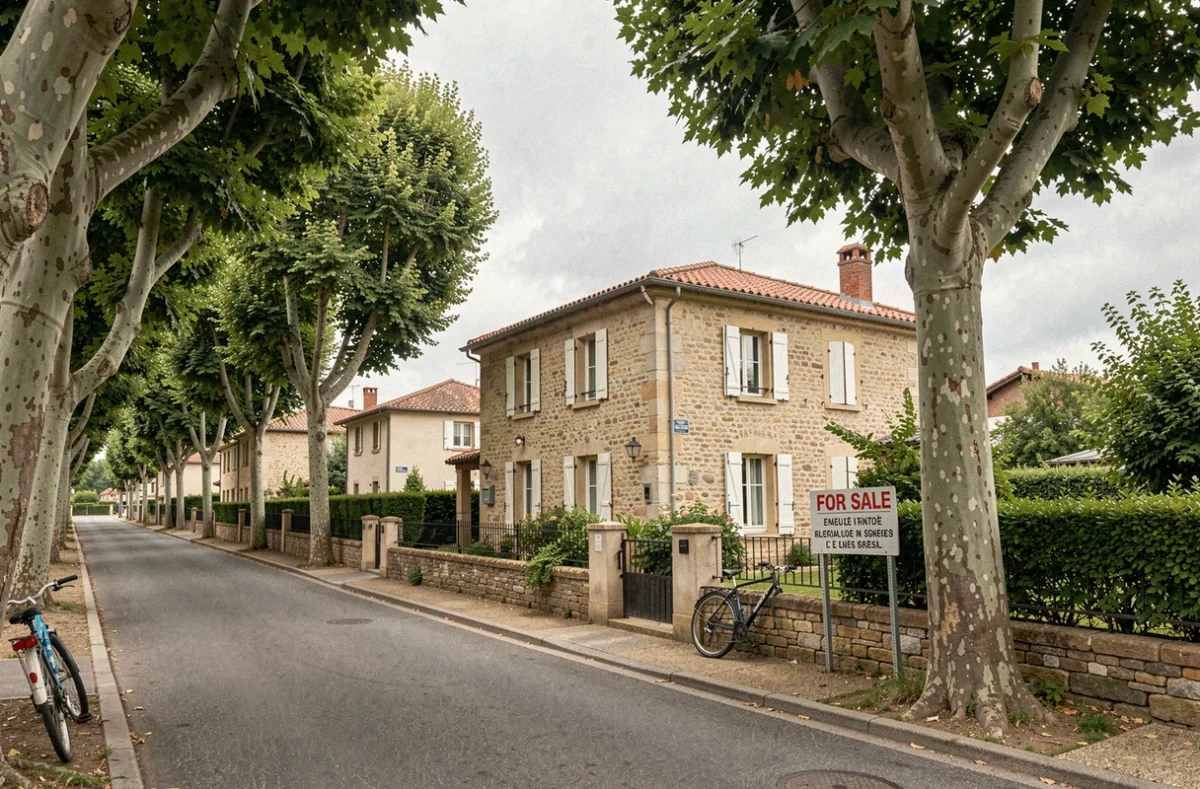 Maison à vendre dans une commune française gérée par l'agence immobilière KALIMMO, panneau de vente visible