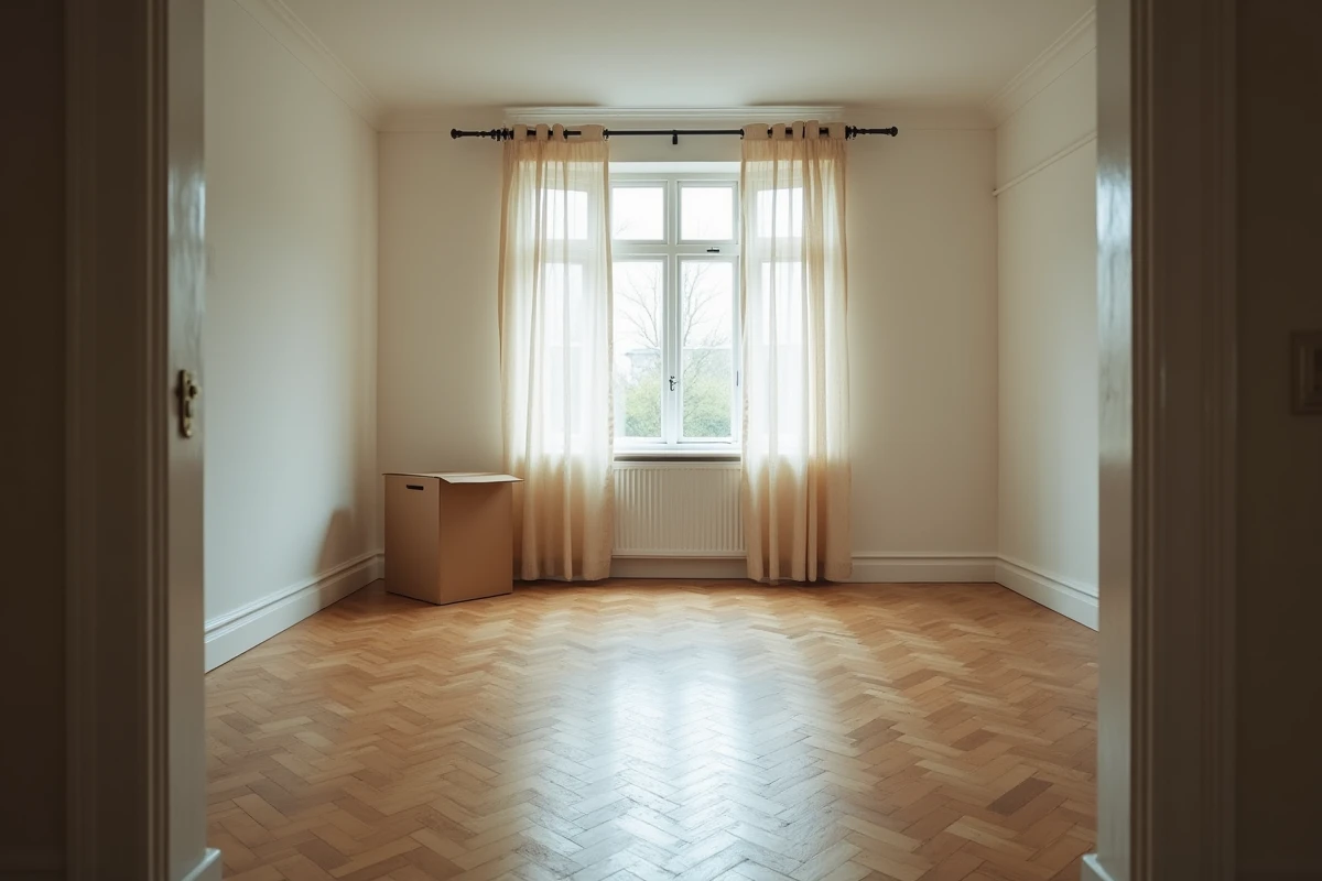 Intérieur vide d'une maison familiale mise en vente lors d'un divorce avec cartons de déménagement