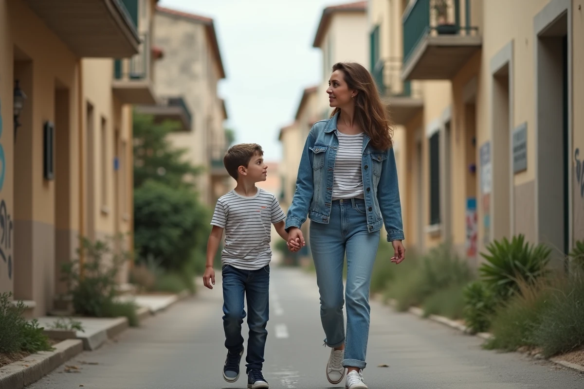 Mère et enfant se promenant dans un quartier de Fréjus