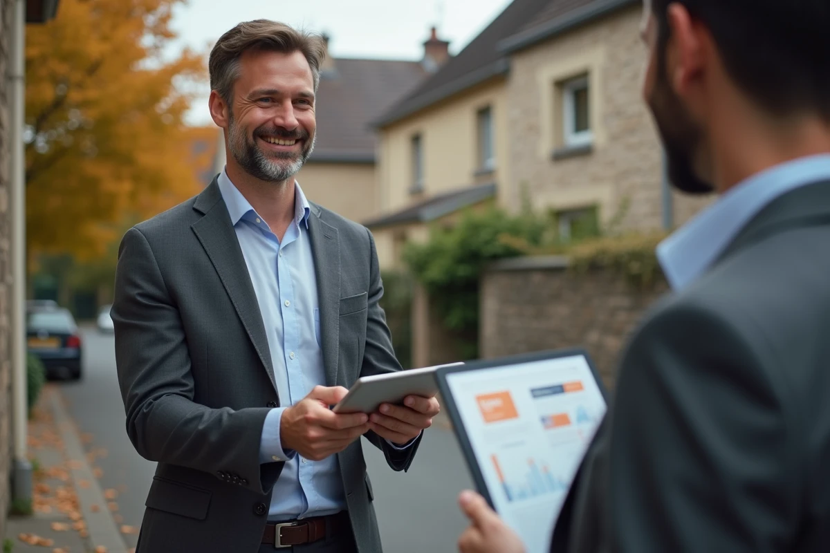 Agent mandataire immobilier en costume devant une maison à vendre tenant une tablette avec des données de mandat exclusif