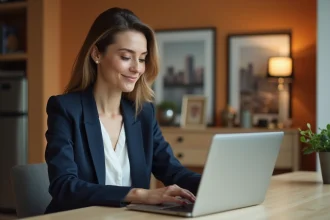 Mandataire immobilier femme consultant un outil de veille immobilière sur ordinateur portable dans un bureau moderne