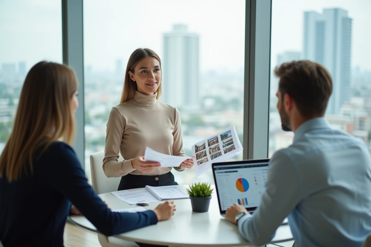 Mandataire immobilière présentant un rapport de mandat exclusif à des clients dans une agence moderne avec vue urbaine