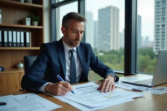 Marchand de biens analysant des documents fiscaux immobiliers dans un bureau professionnel avec vue sur la ville