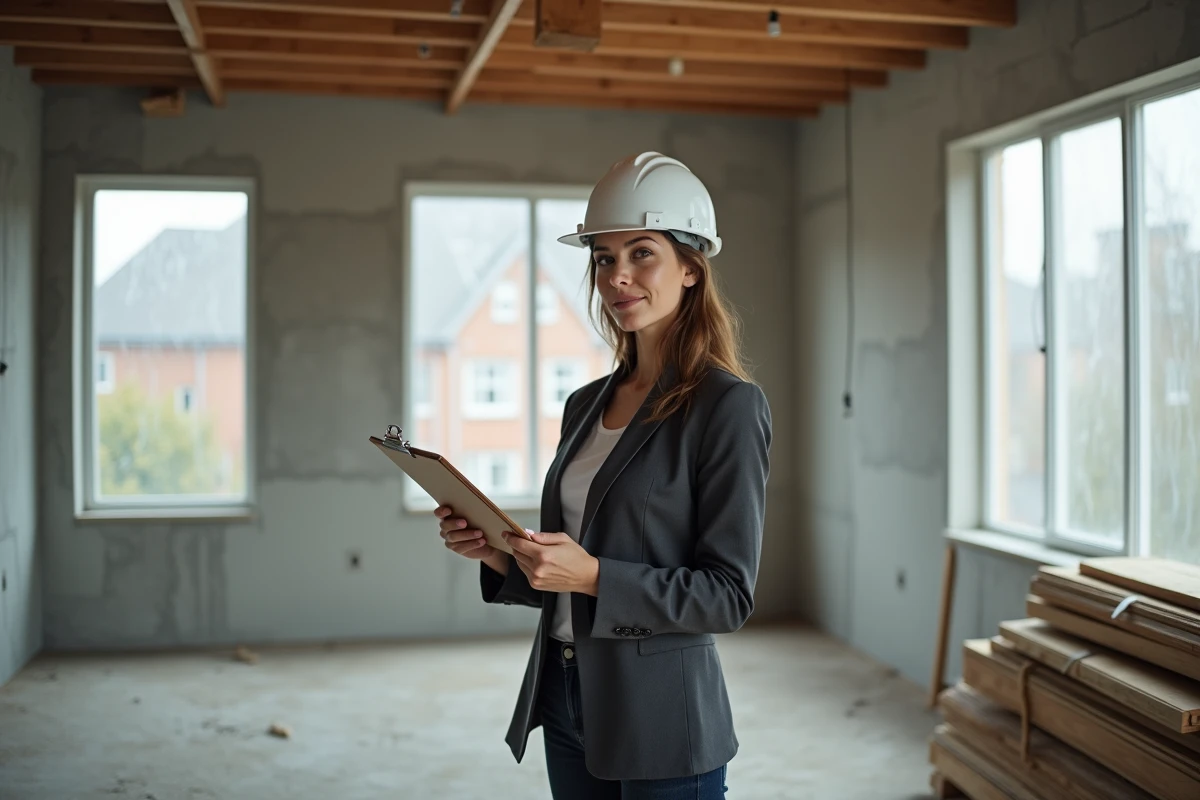 Marchande de biens en visite sur un chantier de rénovation immobilière pour optimisation TVA