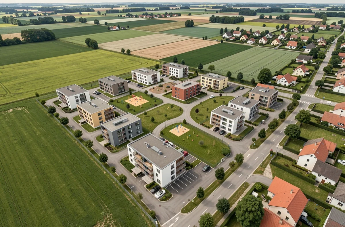 Vue aérienne d'une résidence neuve Marignan intégrée dans le paysage du Haut-Rhin avec espaces verts partagés et parkings couverts