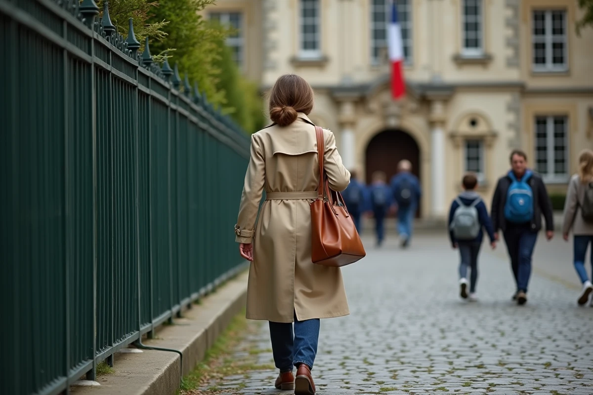 Mère de famille longeant l'entrée d'une école publique réputée en banlieue parisienne