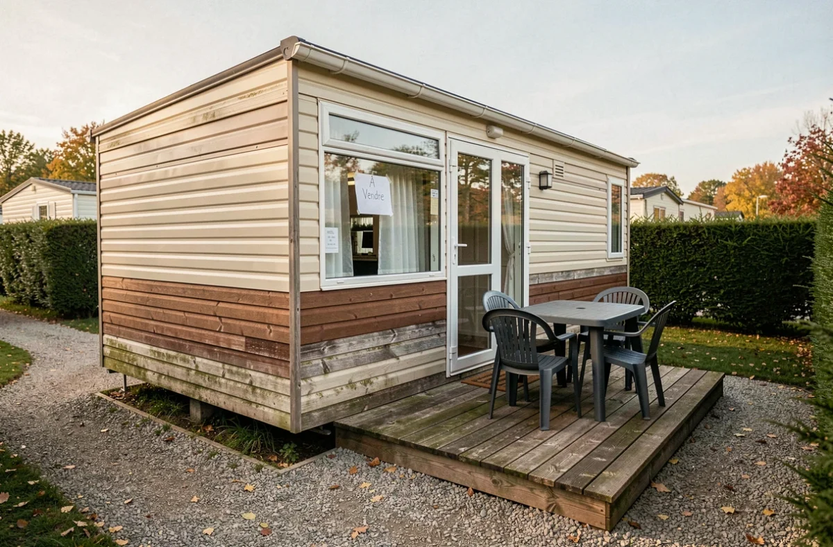 Mobil-home d'occasion à vendre avec panneau prix dans un camping ouvert toute l'année