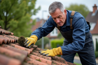 Homme en overalls nettoyant un toit en tuiles avec précaution