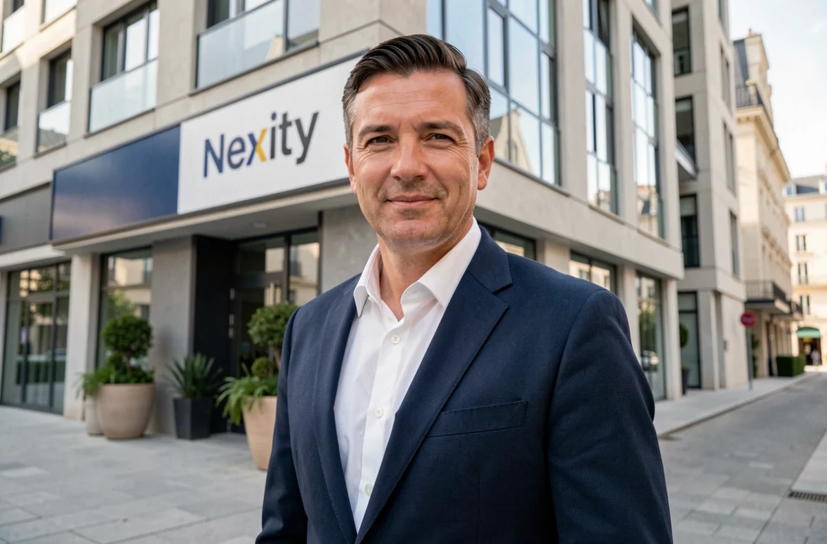 Représentant commercial Nexity devant un immeuble résidentiel neuf moderne avec logo de l'enseigne nationale