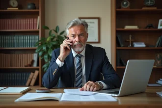 Notaire en costume marine au téléphone dans son bureau juridique, entouré de documents légaux et de livres de droit
