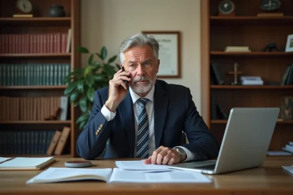 Notaire en costume marine au téléphone dans son bureau juridique, entouré de documents légaux et de livres de droit