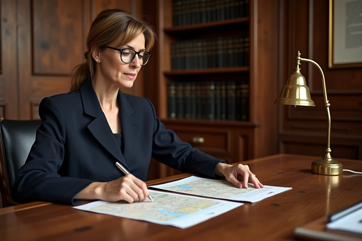 Notaire examinant des documents de partage de biens immobiliers lors d'une procédure de divorce