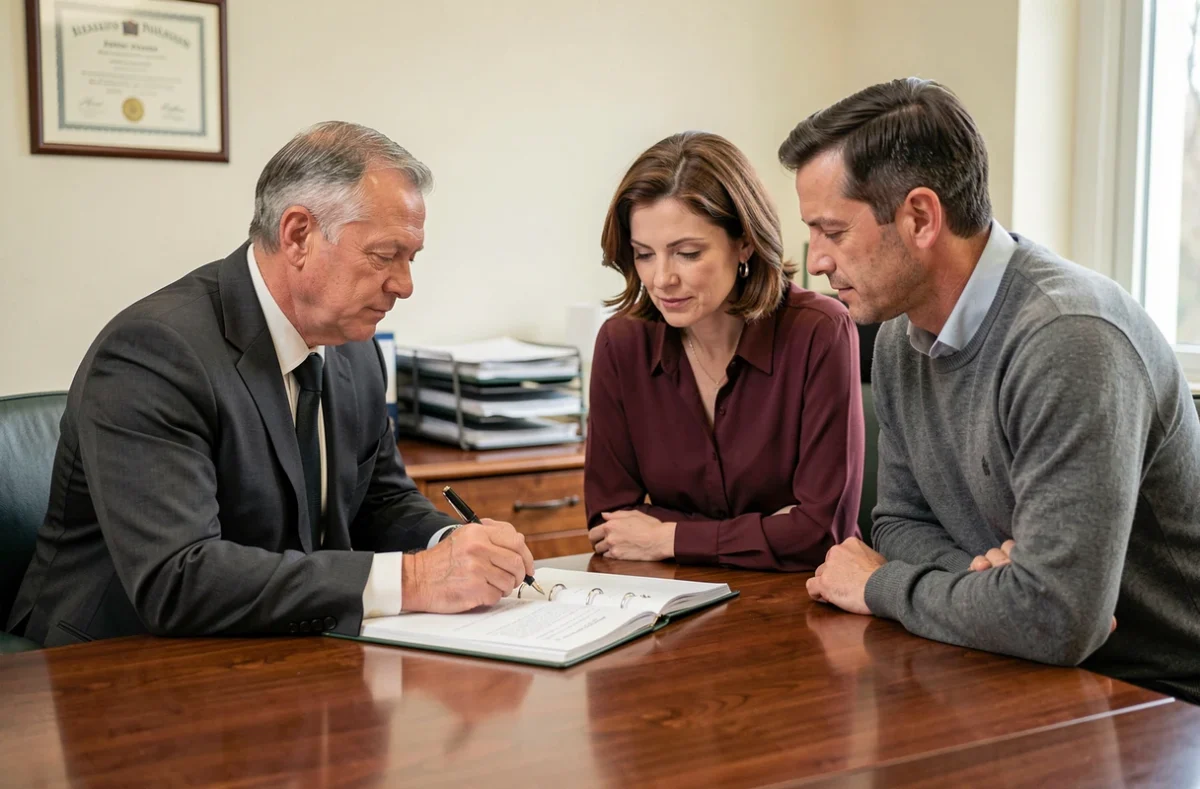 Notaire conseillant un couple lors de la signature d'un pacte d'associés pour une SCI familiale