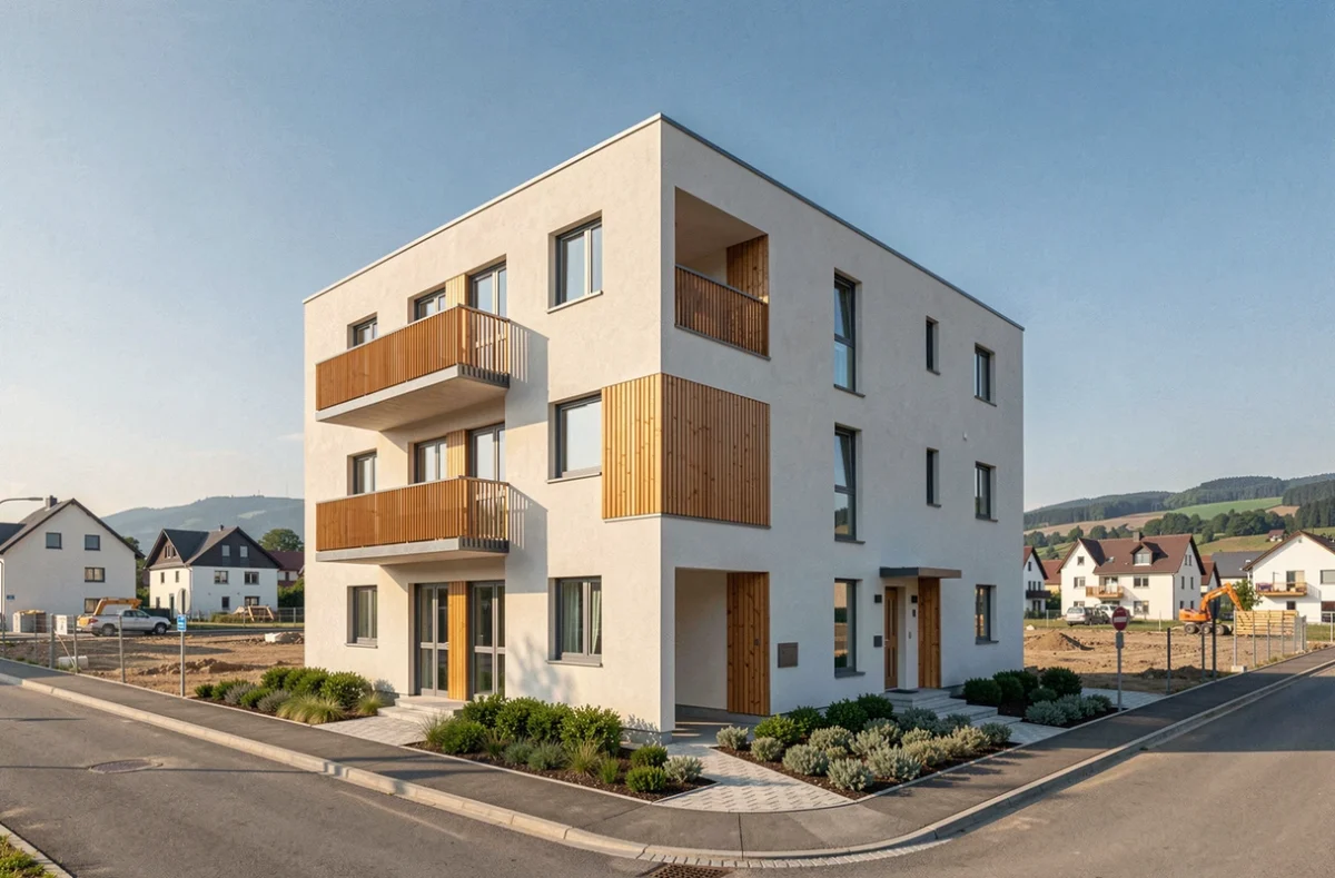 Immeuble résidentiel neuf Open Home Immo dans une zone pavillonnaire du Haut-Rhin avec façade contemporaine et balcons en bois