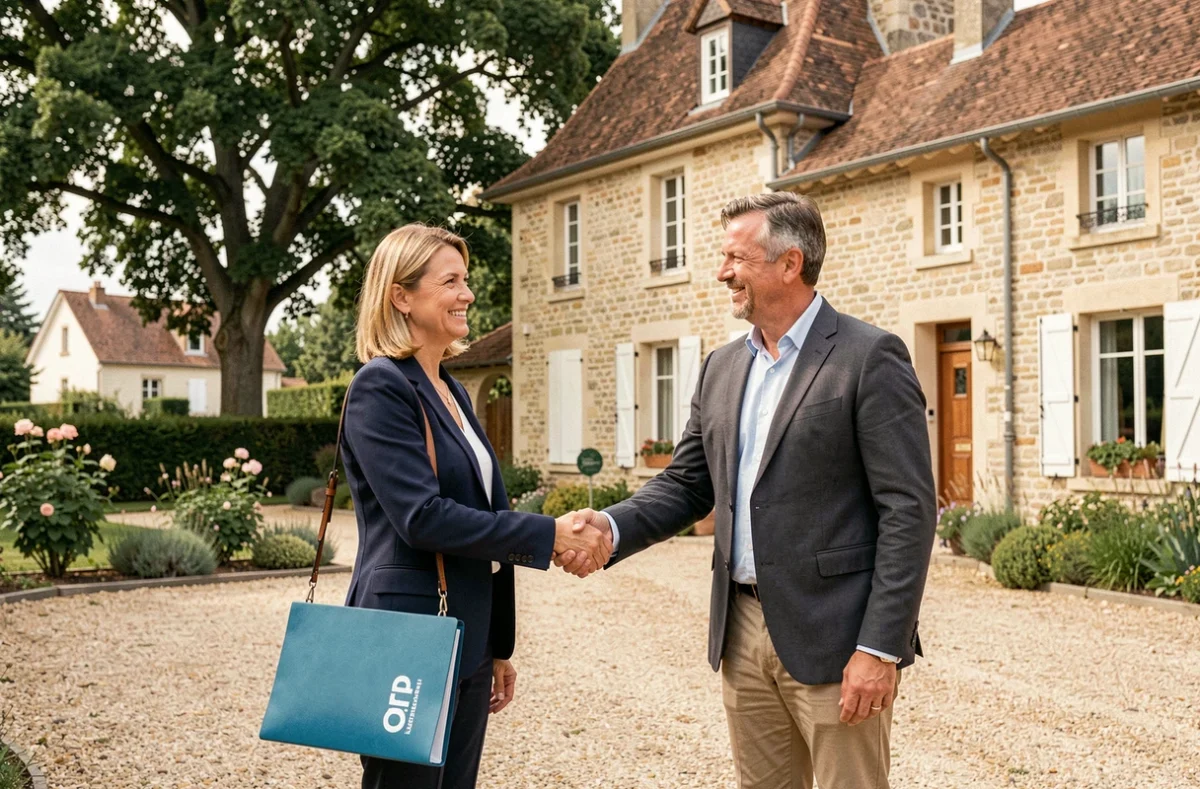 Agent immobilier Orpi serrant la main de clients devant une maison traditionnelle en Seine-et-Marne
