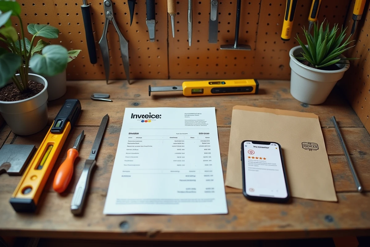 Détail de table de travail d'artisan indépendant avec outils professionnels, facture avec logo personnalisé et avis client cinq étoiles sur smartphone