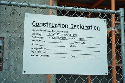 Panneau de déclaration préalable de travaux affiché sur une clôture de chantier urbain