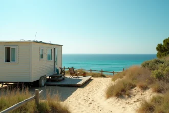 Parcelle de terrain en bord de mer avec mobil home résidentiel et vue sur l'océan