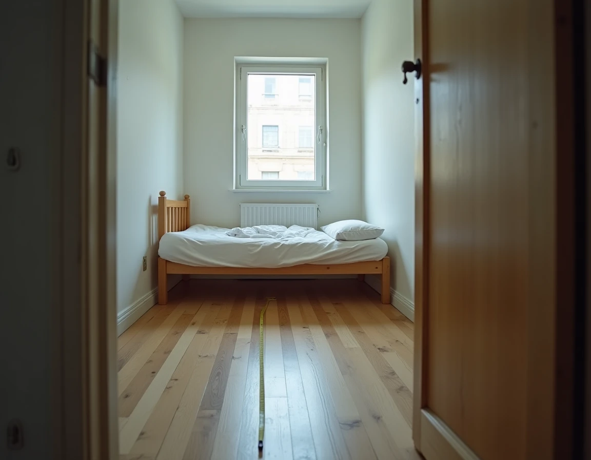 Petite chambre de moins de 9m2 avec un mètre ruban au sol lors d'une mesure officielle de surface habitable