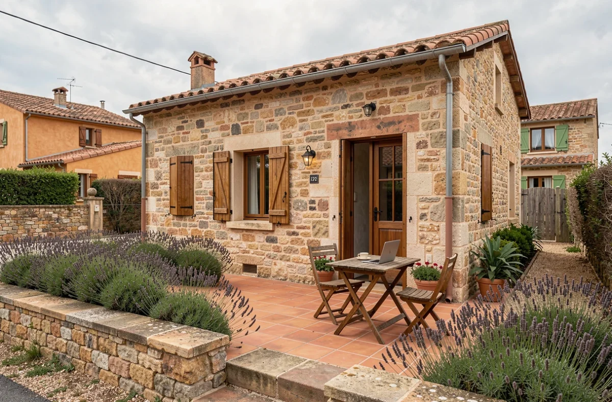 Extérieur d'une petite maison en pierre avec jardin méditerranéen à louer dans les Pyrénées-Orientales, espace idéal pour le télétravail au soleil