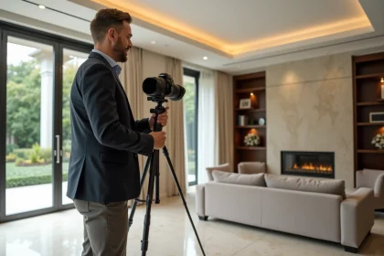 Photographe professionnel réalisant une visite virtuelle 360 degrés dans un salon haut de gamme avec caméra sur trépied