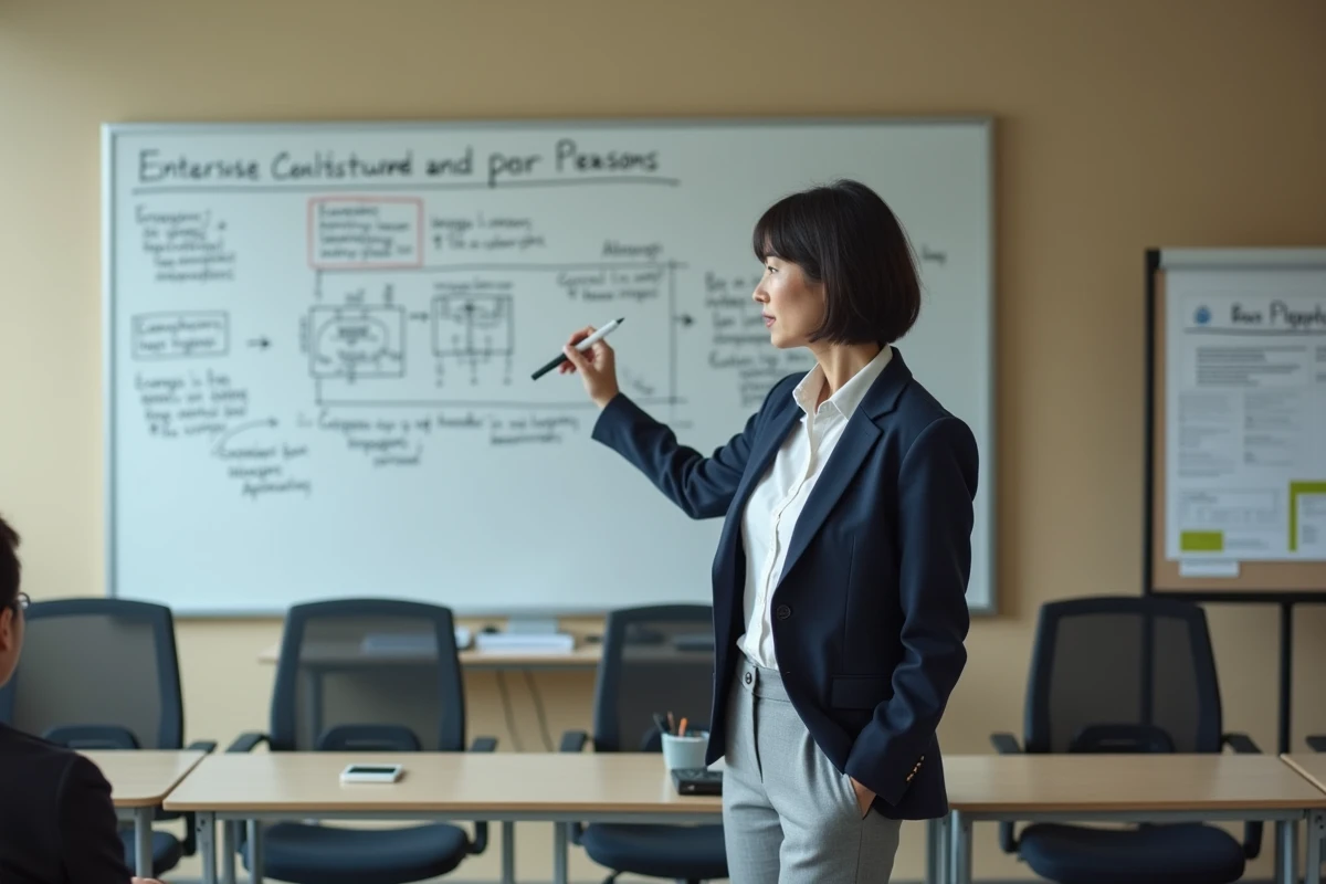 Formatrice présentant la structure d'un comité interprofessionnel du logement sur un tableau blanc