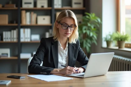 Femme professionnelle analysant logiciel immobilier au bureau