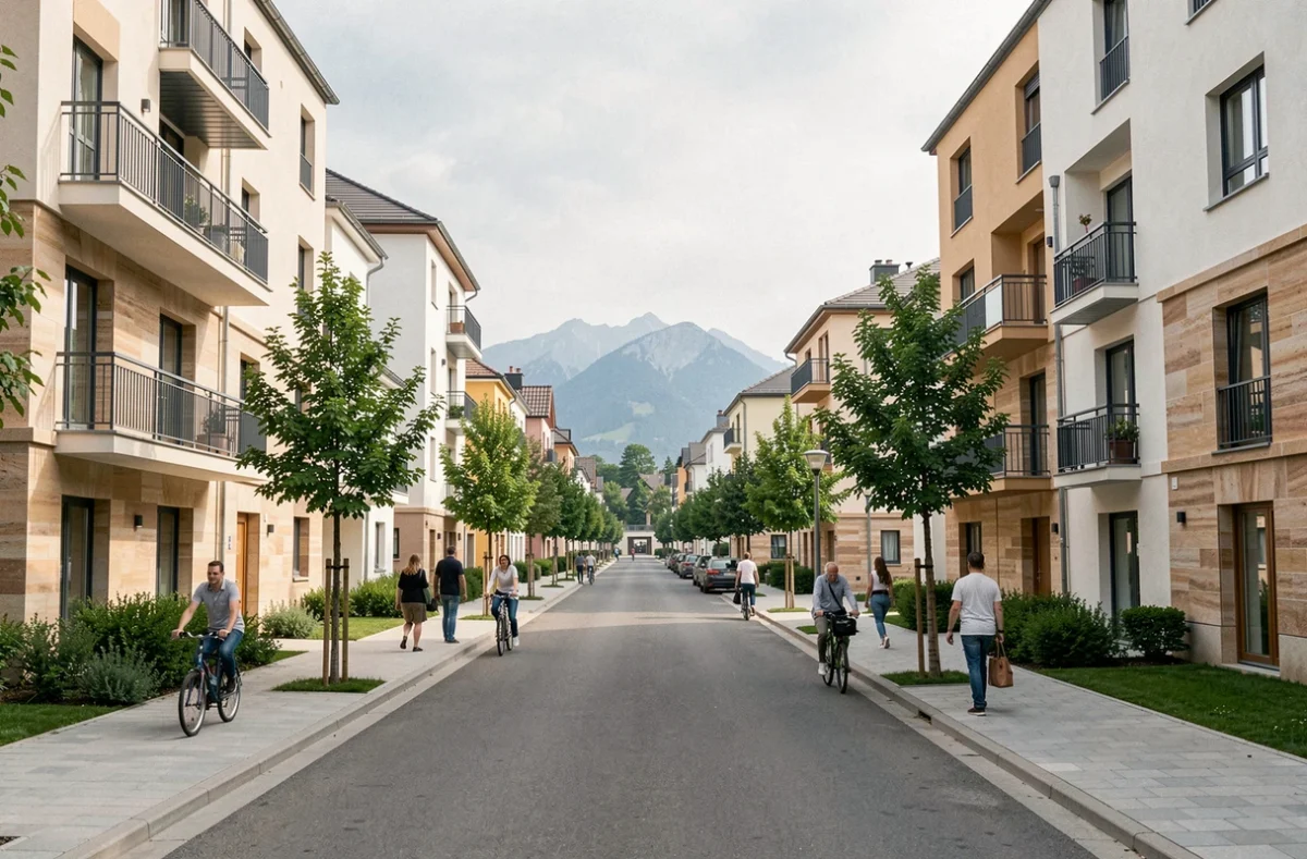 Vue panoramique d'un quartier résidentiel neuf en Alsace dans le Haut-Rhin avec immeubles contemporains et architecture alsacienne