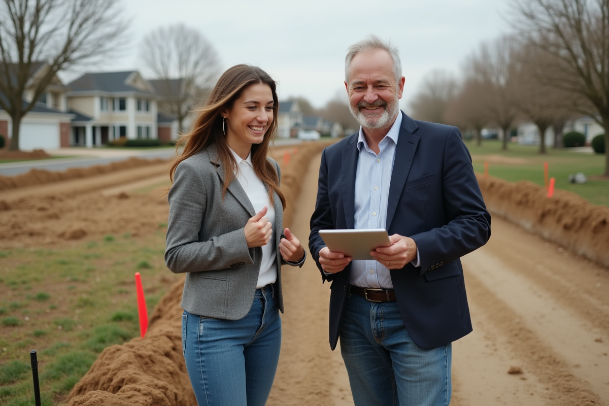 Jeune femme propriétaire discutant avec un géomètre près d