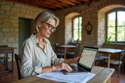 Propriétaire de gîte rural en France gérant ses réservations sur ordinateur portable dans une maison en pierre