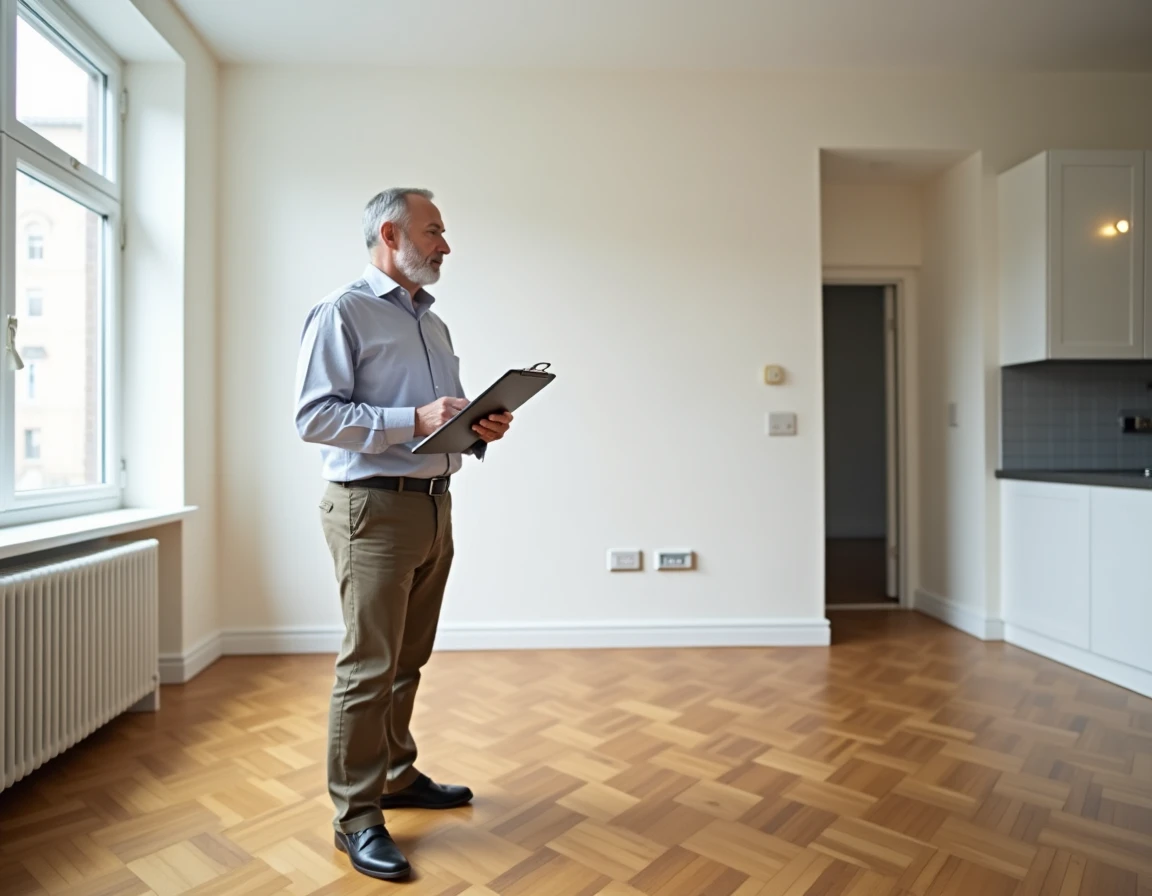 Propriétaire bailleur inspectant un appartement vide avec un contrat de location et de caution sur un clipboard