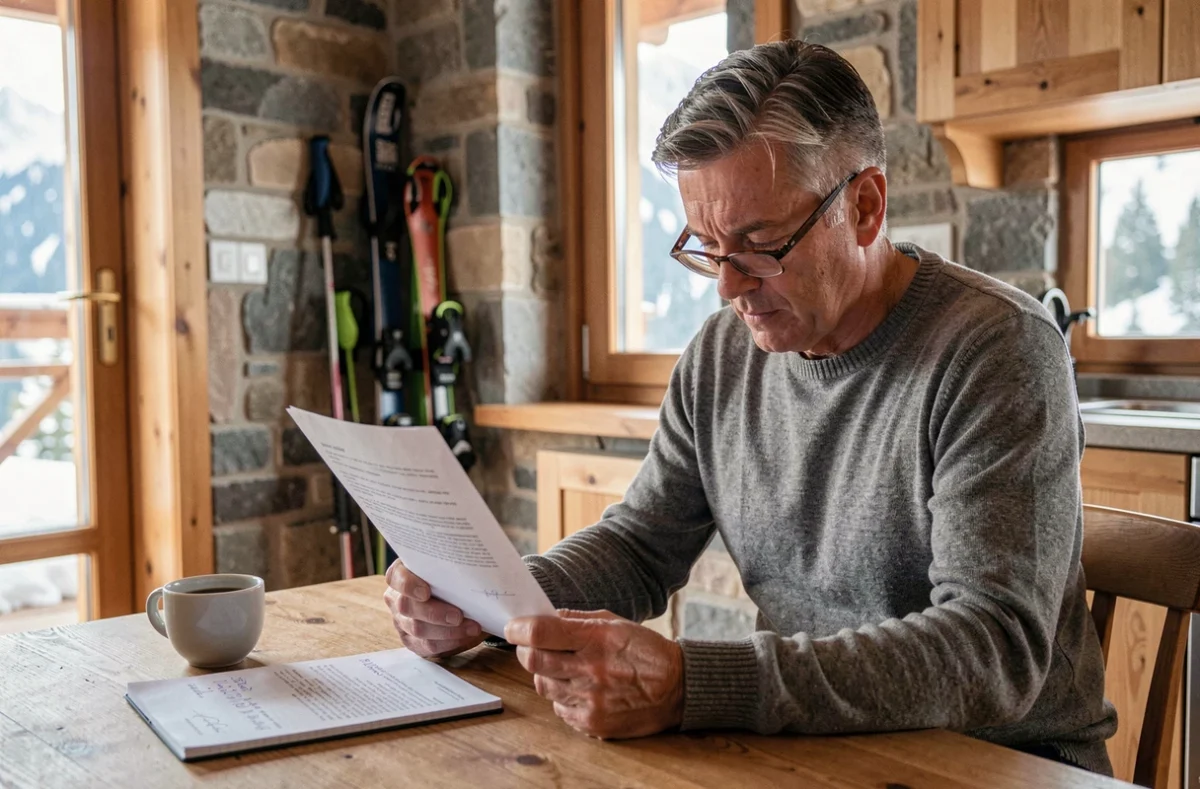 Propriétaire lisant attentivement son contrat de multipropriété dans un appartement de montagne Pierre et Vacances
