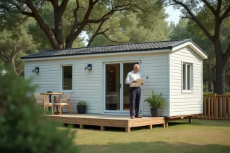Propriétaire de terrain privé devant son mobil-home en France, consultant des documents liés à la loi ALUR 2026