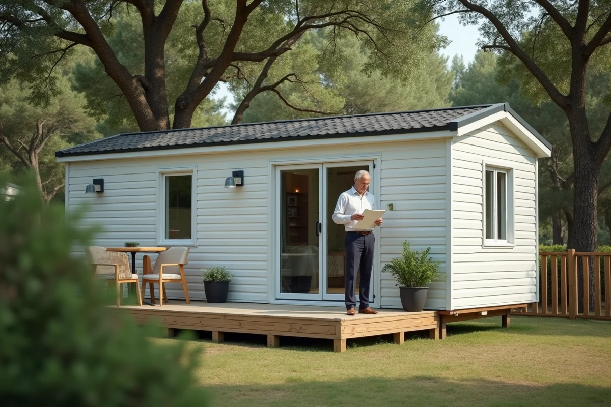 Propriétaire de terrain privé devant son mobil-home en France, consultant des documents liés à la loi ALUR 2026