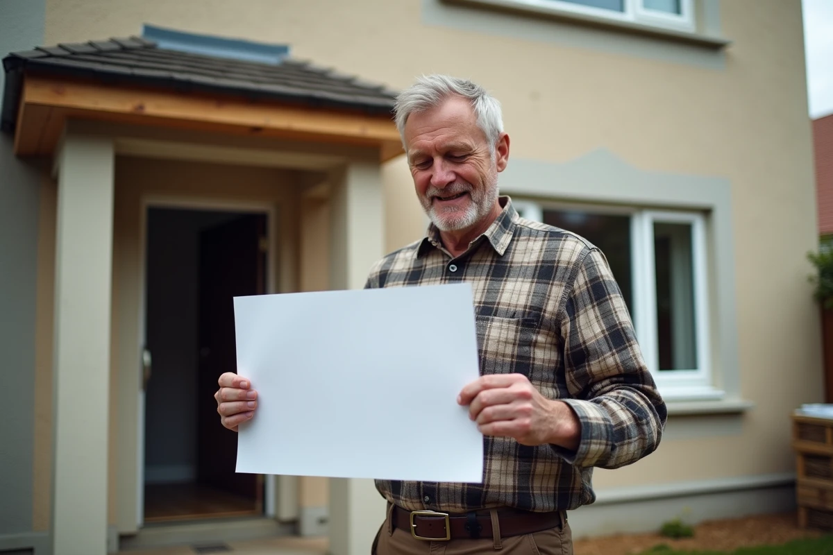 Propriétaire tenant un modèle imprimé de panneau de déclaration de travaux devant sa maison en rénovation