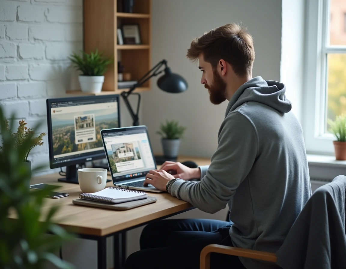 Homme recherchant seul son premier appartement sur un site immobilier en ligne depuis chez lui