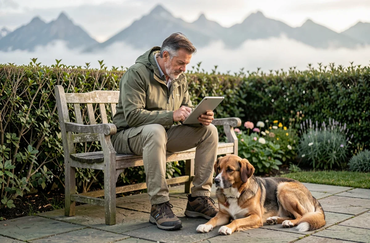 Homme cherchant une location de maison avec jardin pour animaux dans les Hautes-Pyrénées sur une terrasse avec son chien