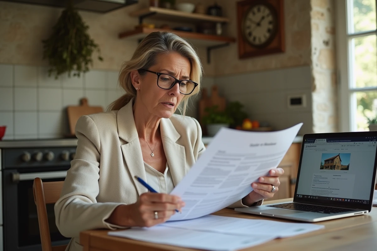 Femme consultant des documents administratifs pour trouver une maison abandonnée à donner en France