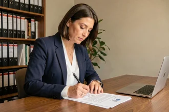 Femme rédigeant une lettre de préavis de location avec motif légal à son bureau à domicile
