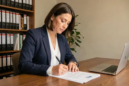 Femme rédigeant une lettre de préavis de location avec motif légal à son bureau à domicile