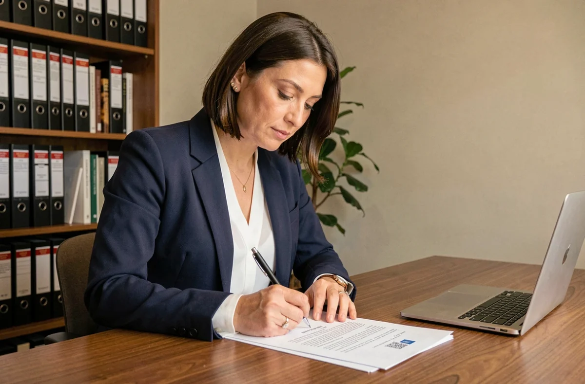 Femme rédigeant une lettre de préavis de location avec motif légal à son bureau à domicile