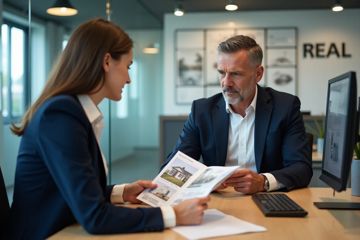 Un client et une agente immobilière discutant d'une annonce dans une agence moderne