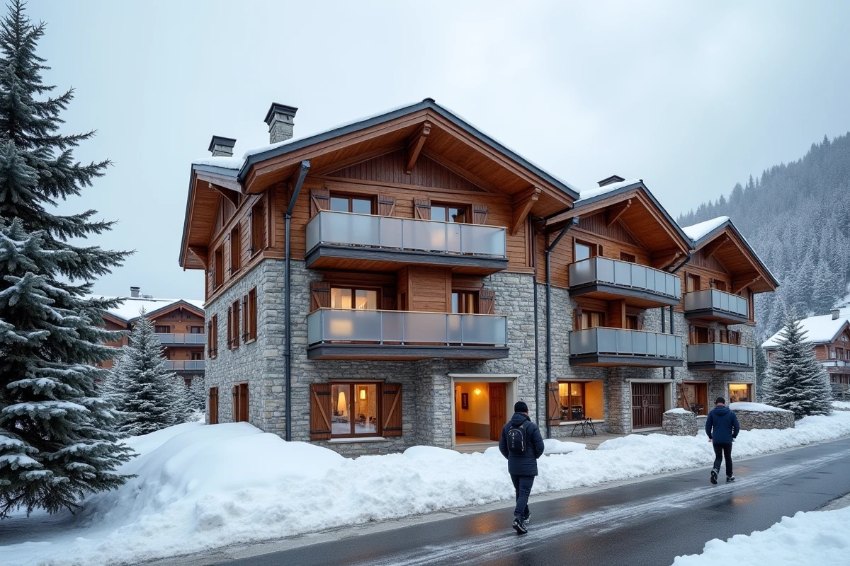 Façade d'une résidence de tourisme à vendre aux Menuires avec balcons enneigés et accès ski aux pieds
