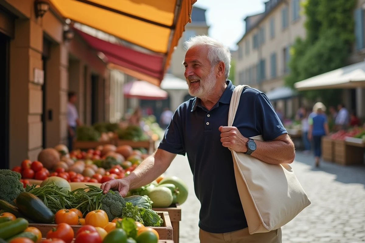 Retraité faisant ses courses au marché en plein air de Maisons-Laffitte, ambiance commerçante et tranquille du centre-ville