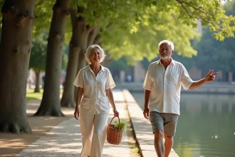 Couple de retraités se promenant sur une promenade arborée à Maisons-Laffitte, avec des commerces et l'architecture classique en arrière-plan