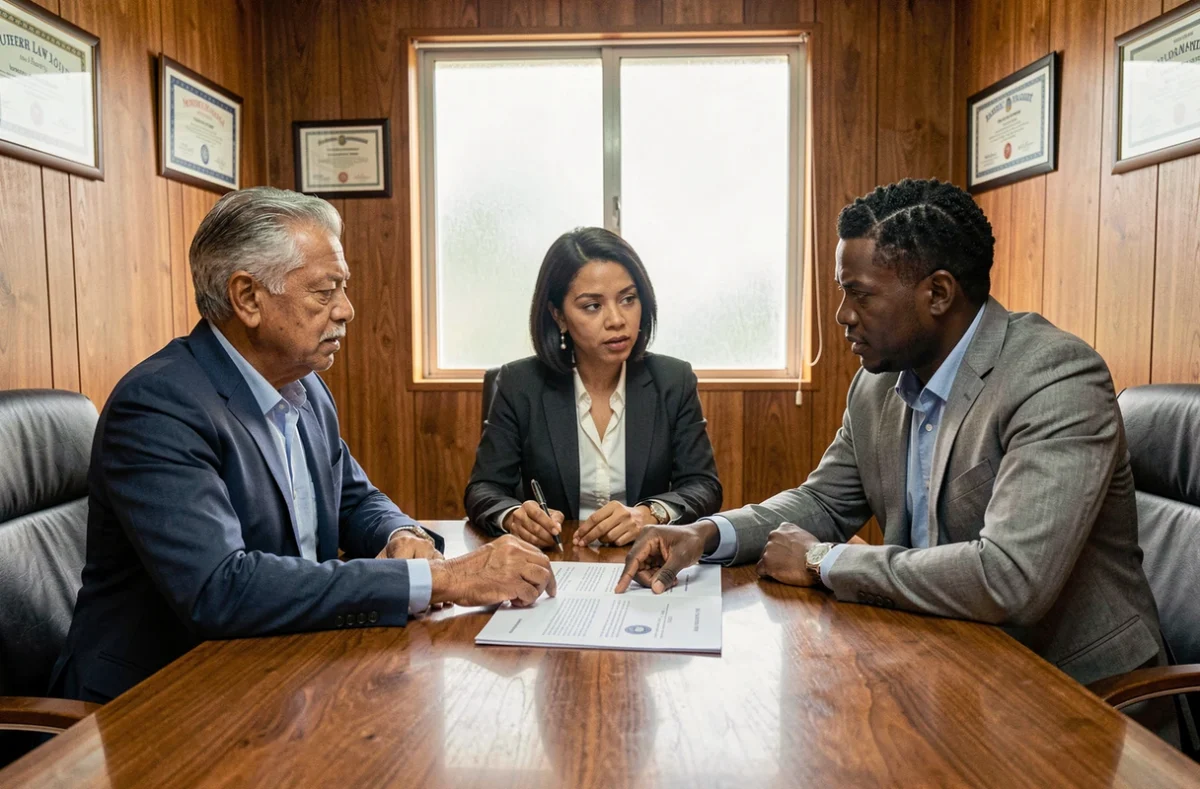 Réunion de professionnels autour d'un contrat immobilier dans une étude juridique mauricienne lors d'un investissement sécurisé